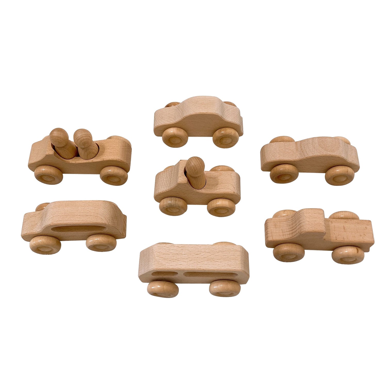 7 Pcs Natural Wooden Cars Set with 3 Peg Dolls