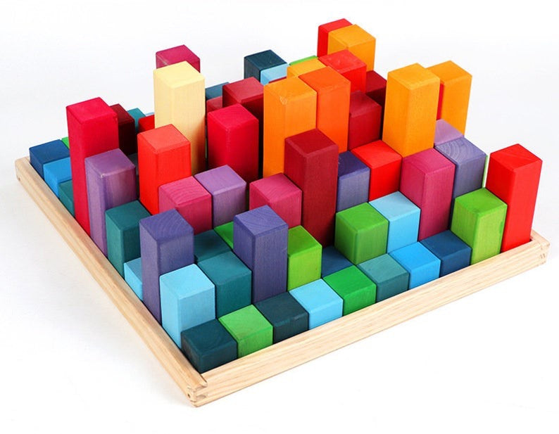 100 Pcs STAINED Large Stepped Pyramid Wooden Stacking Building Blocks
