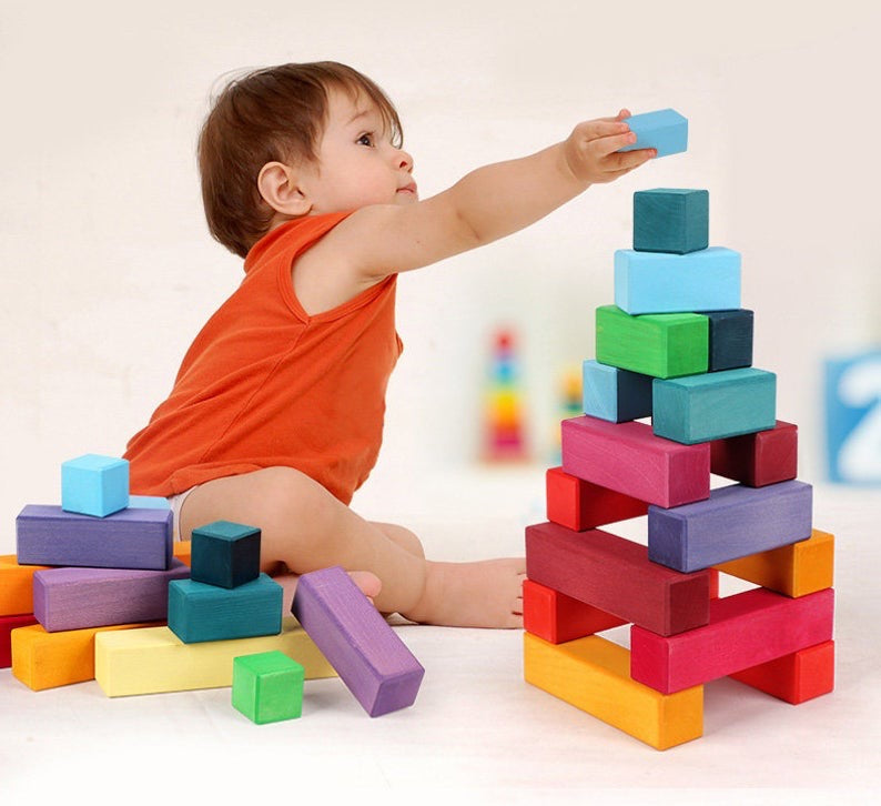 100 Pcs STAINED Large Stepped Pyramid Wooden Stacking Building Blocks