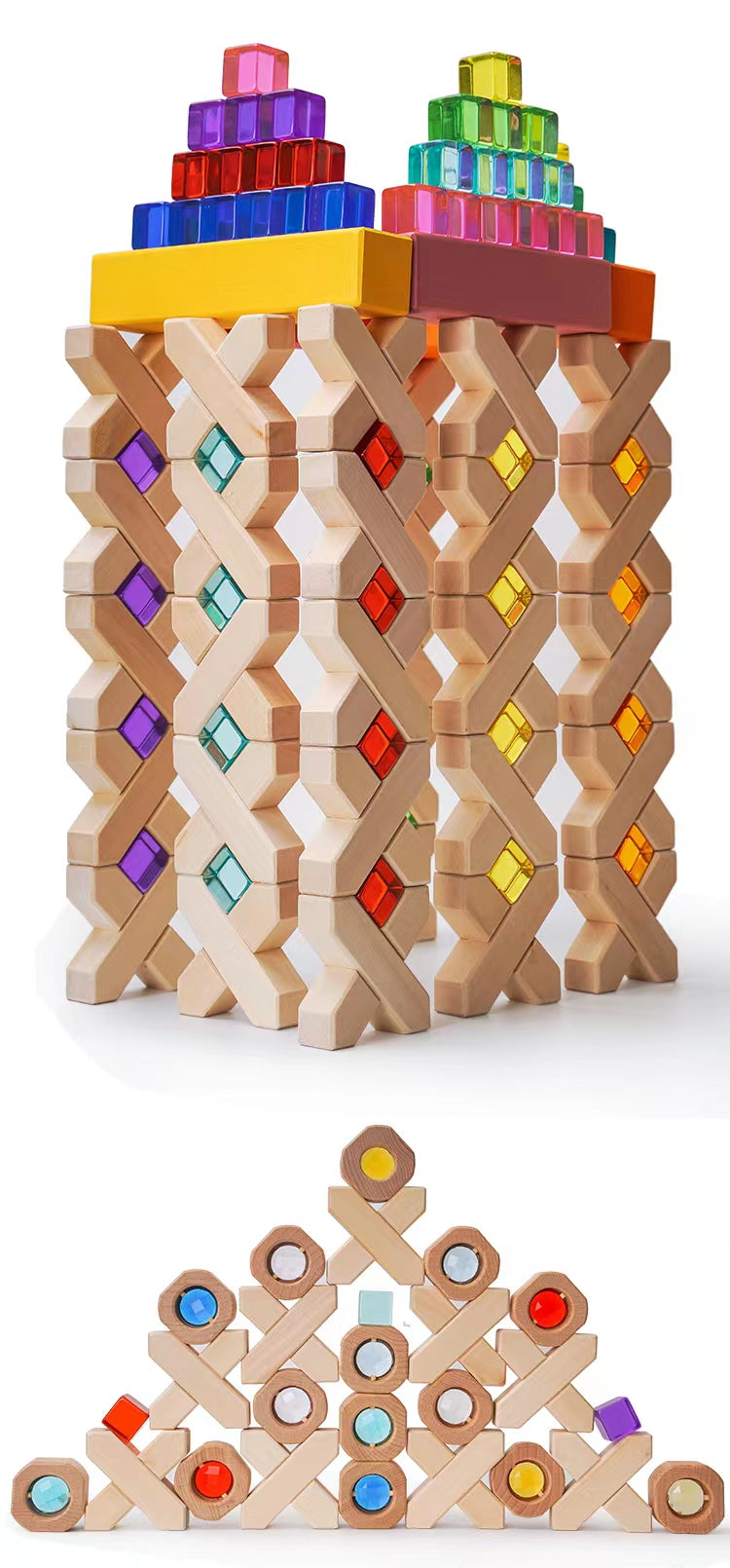 32-Piece Wooden X-Shape Building Blocks Set with Storage Tray