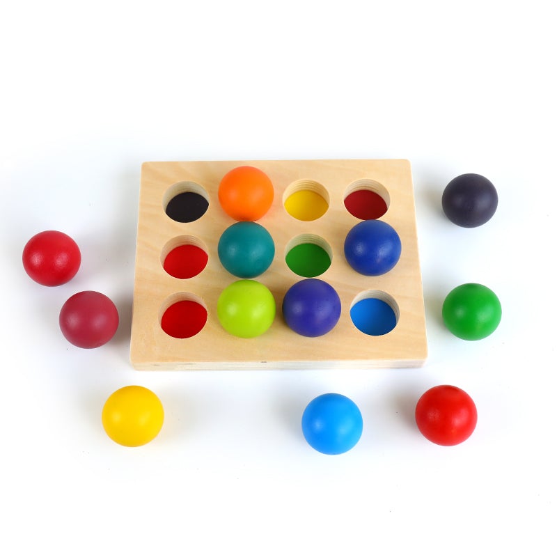 12 Pcs Rainbow Wooden Balls with Tray – Primary Colors (1.4” Diameter)