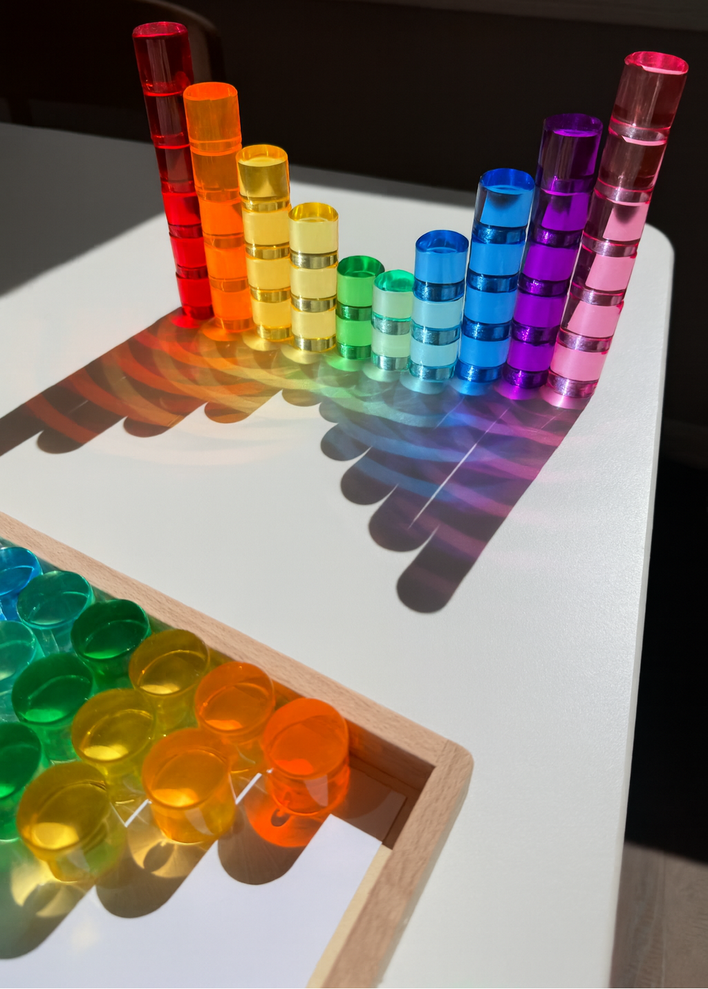 60 Pcs Crystal-Clear Acrylic Rainbow Cylinders with Wooden Tray
