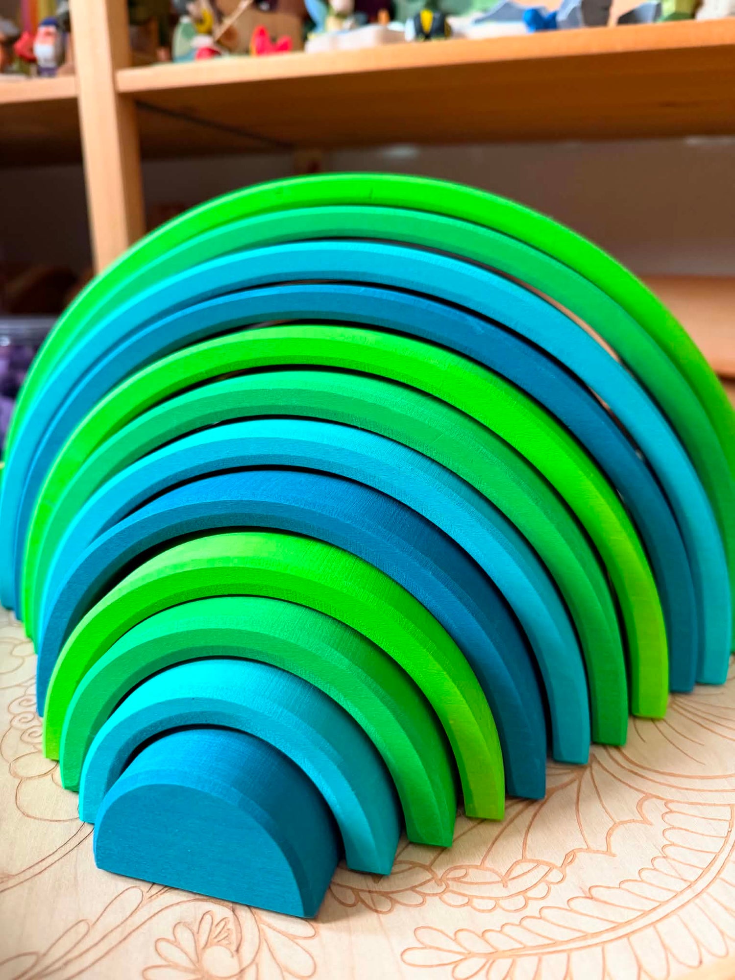 12-Piece Stained Large Basswood Rainbow Stacking Blocks – Meadow Green