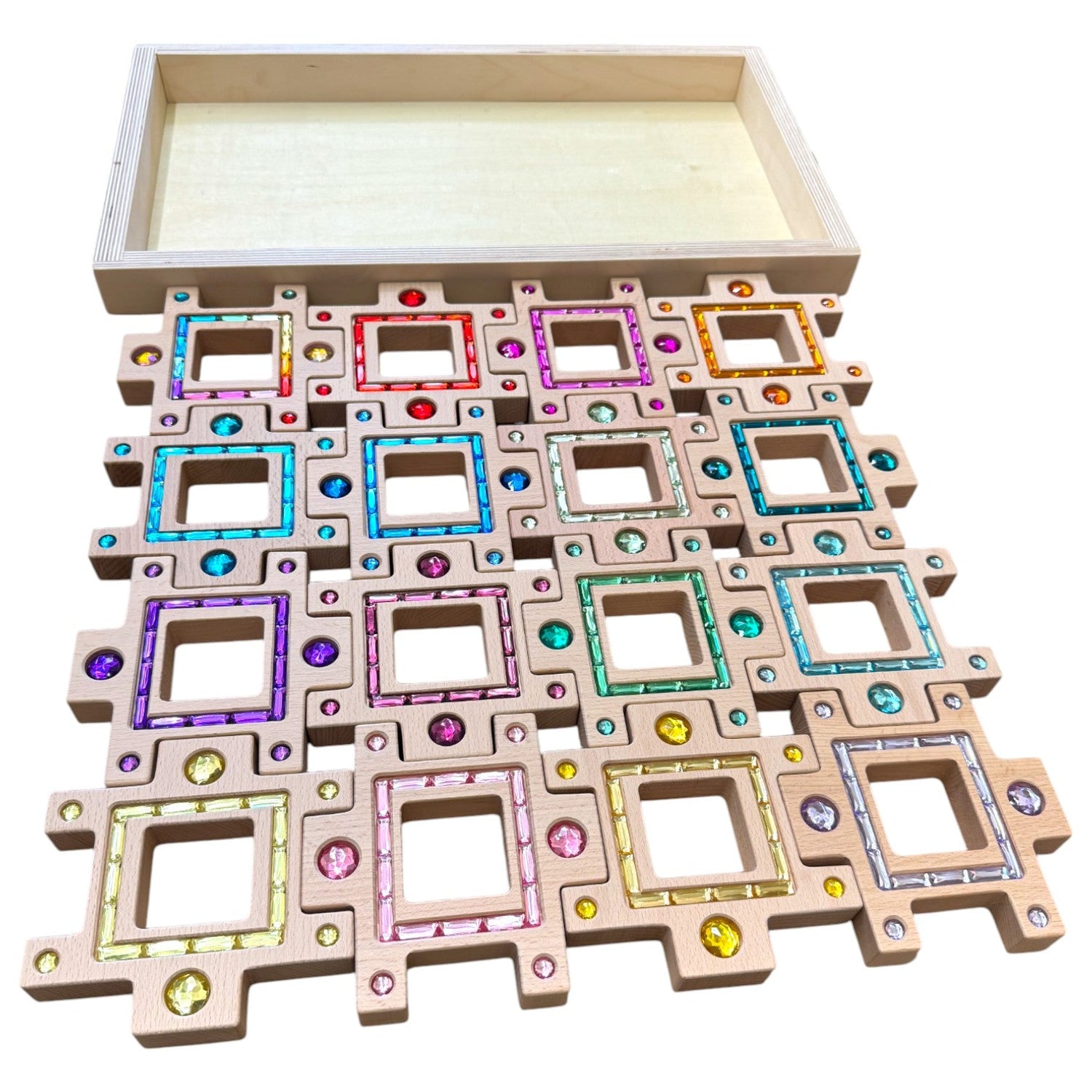 Wooden Gemlight Window Blocks – 16-Piece Colorful Open-Ended Play Set with Storage Box