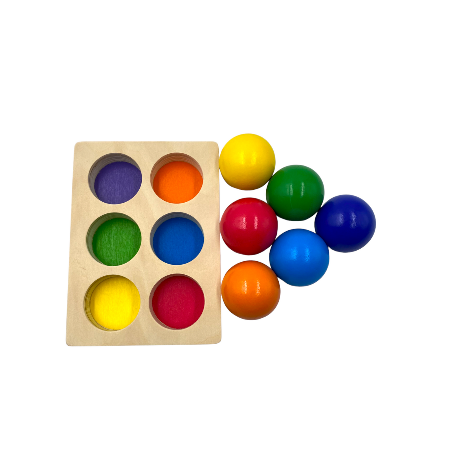 6-Piece Rainbow Wooden Balls with Sorting Tray – Primary Colors | 1.8