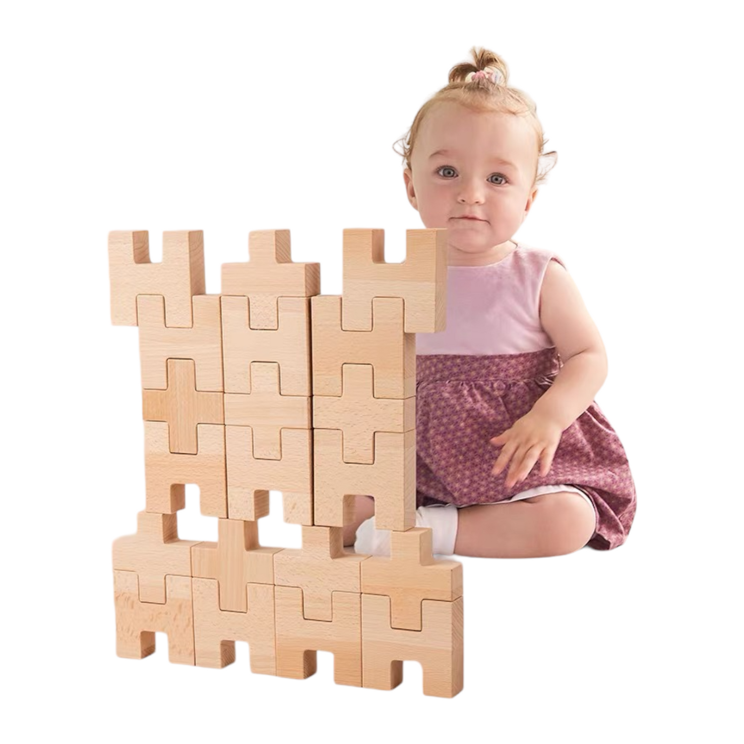 20-Piece Wooden “H” and “+” Shape Block Set with Storage Tray