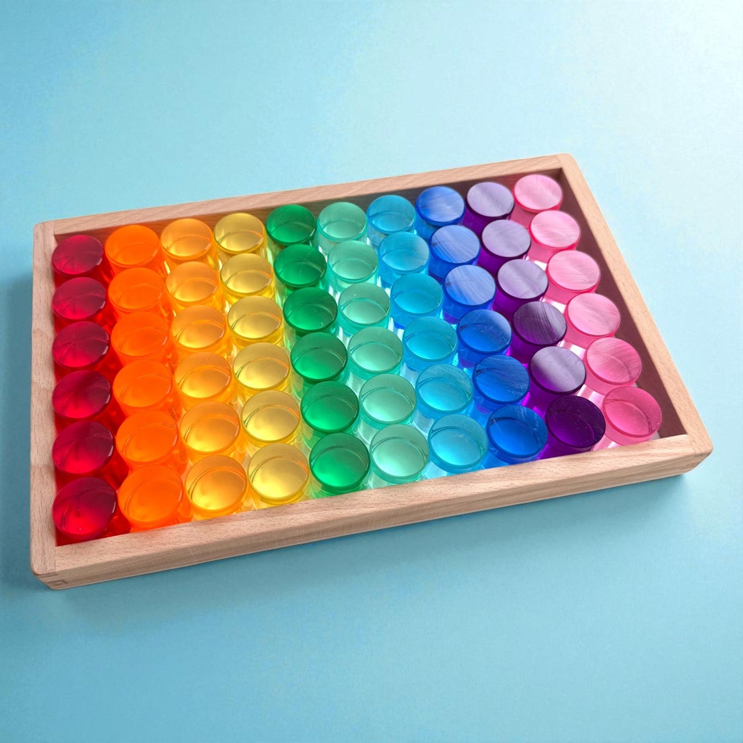60 Pcs Crystal-Clear Acrylic Rainbow Cylinders with Wooden Tray