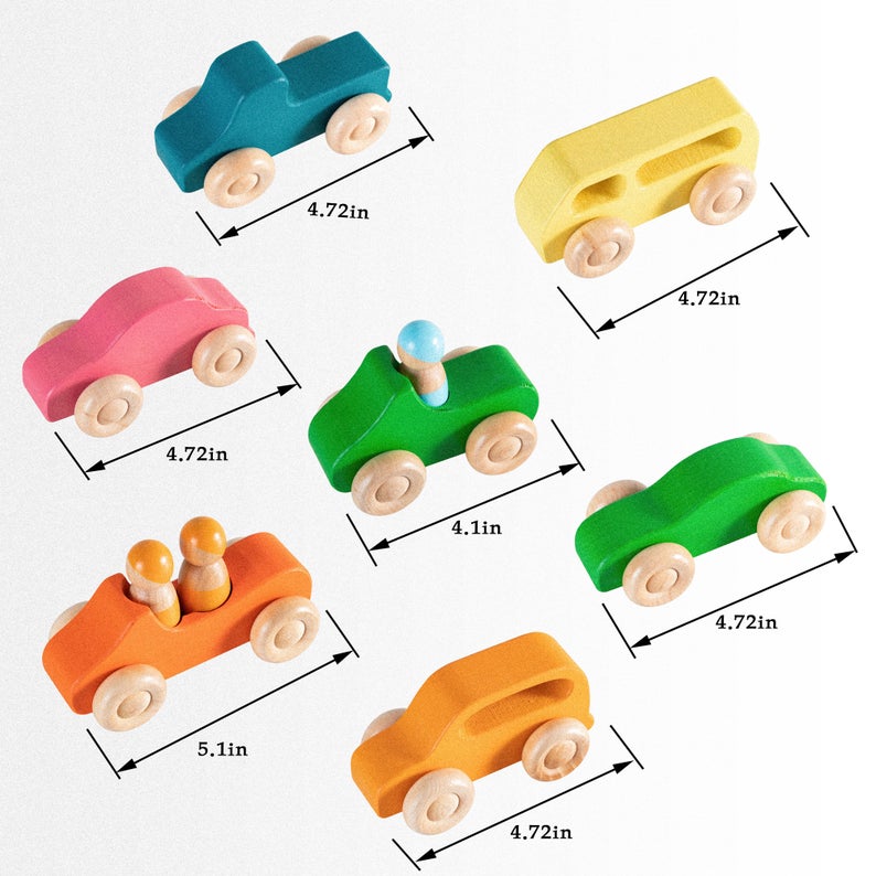 7 Pcs Colored Wooden Rainbow Cars Set with 3 Peg Dolls