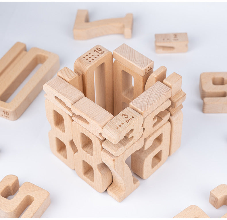 32 Pcs Wooden Math Number Building Blocks Set with Tray