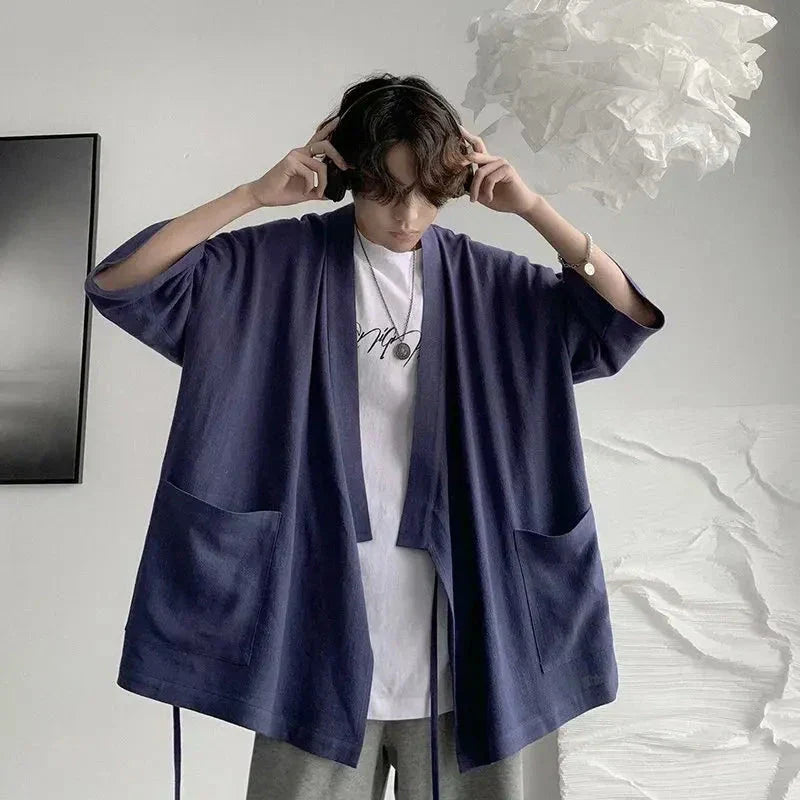 Japanese-themed Black Midnight Purple Minimalist Men’s Kimono Jacket