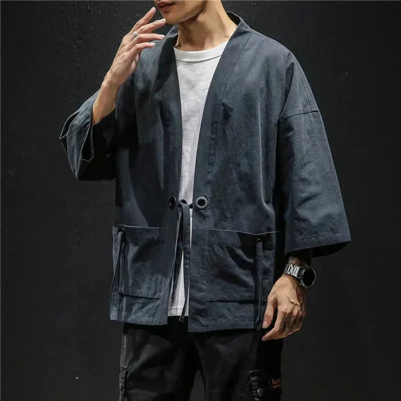 Japanese-themed Moss Green Charcoal Grey Men’s Kimono Jacket