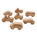 7 Pcs Natural Wooden Cars Set with 3 Peg Dolls