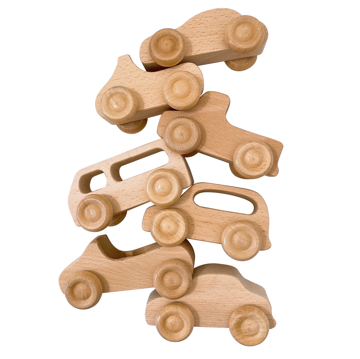 7 Pcs Natural Wooden Cars Set with 3 Peg Dolls