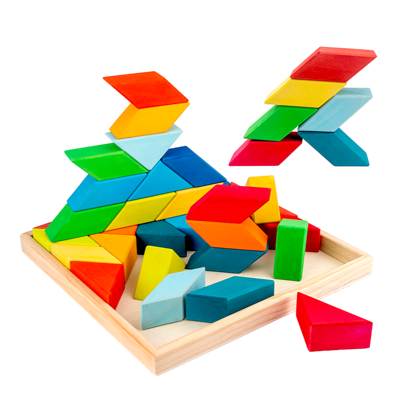 36-Piece Stained Large Rainbow Square Geometric Puzzle Block Set with Storage Tray