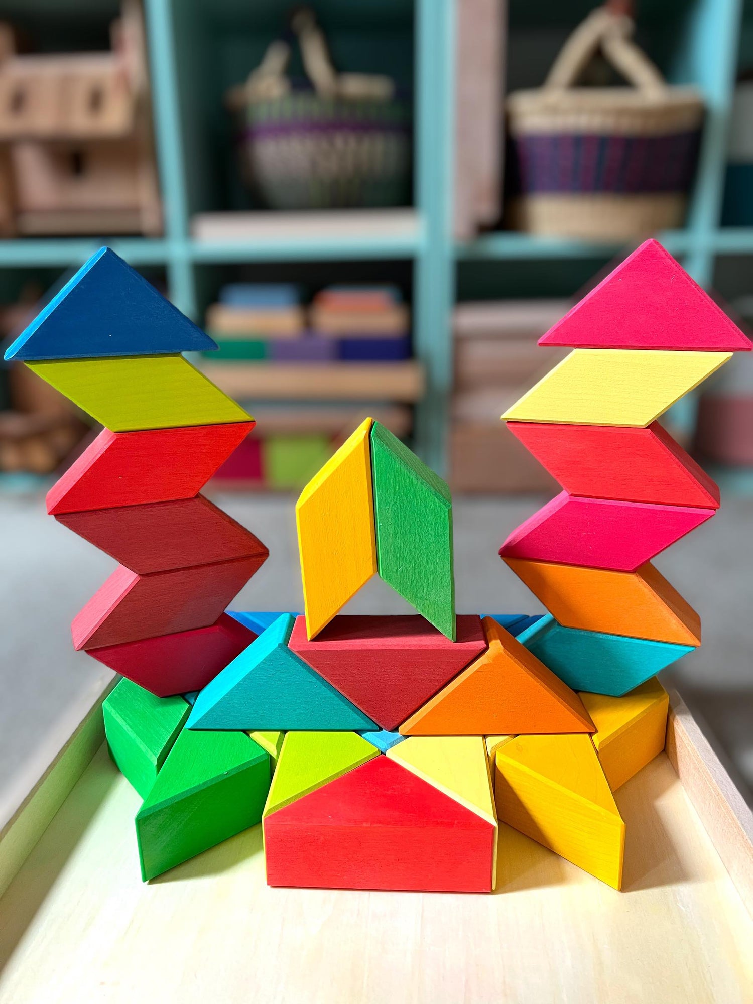 36-Piece Stained Large Rainbow Square Geometric Puzzle Block Set with Storage Tray