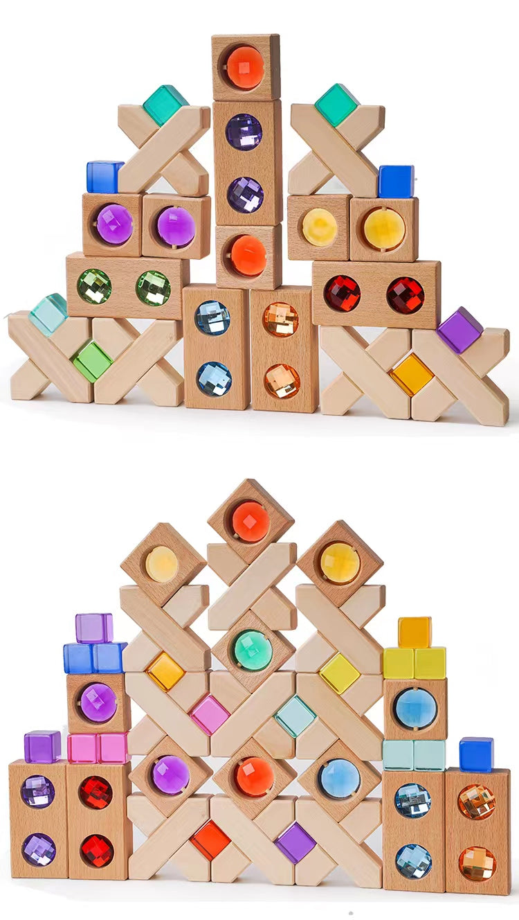 32-Piece Wooden X-Shape Building Blocks Set with Storage Tray