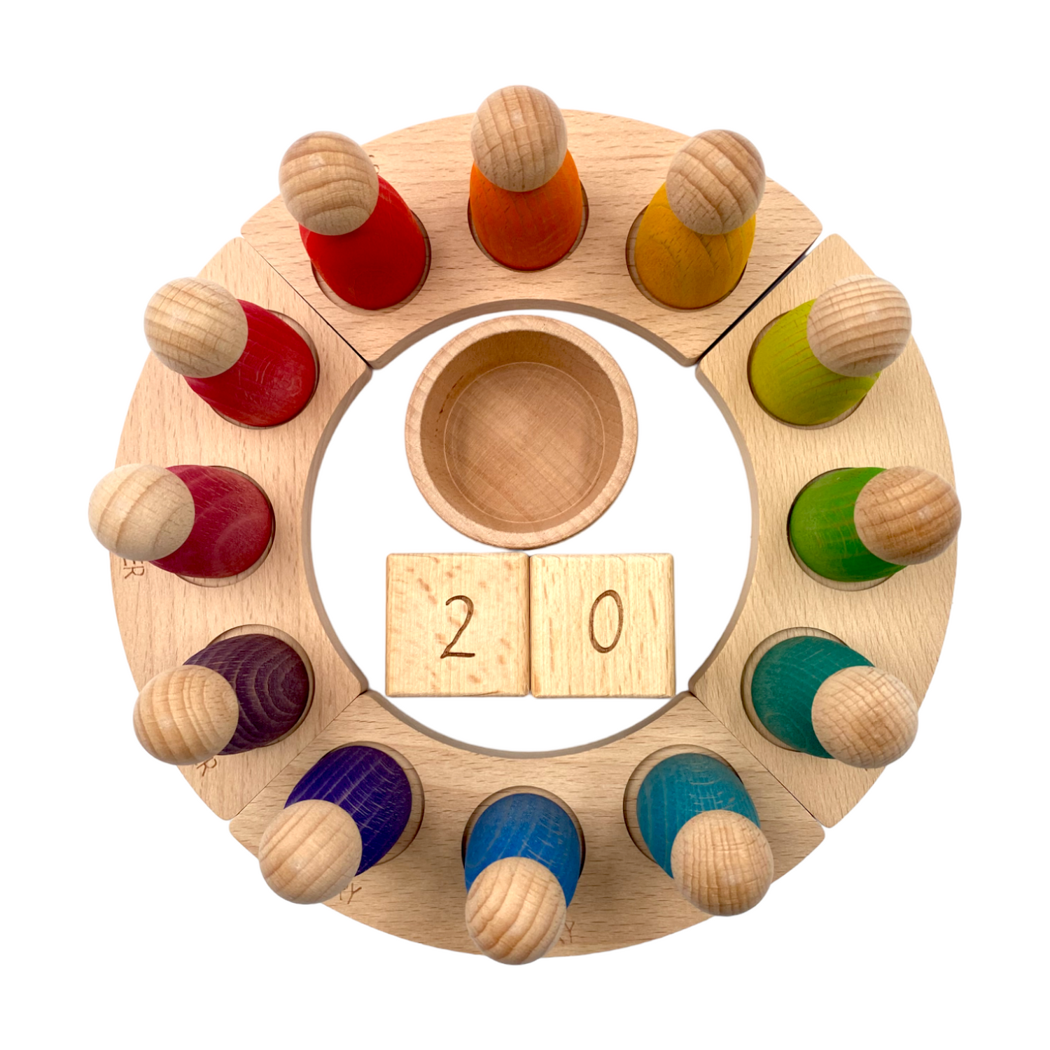 Wooden Perpetual Calendar with 12 Rainbow Peg Figures