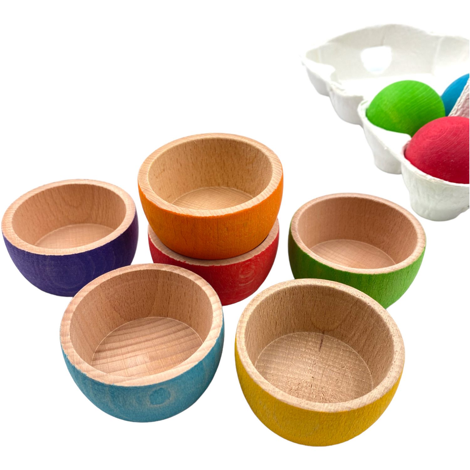 6-Piece Rainbow Wooden Bowls & Balls Set – Matching, Sorting & Open-Ended Play