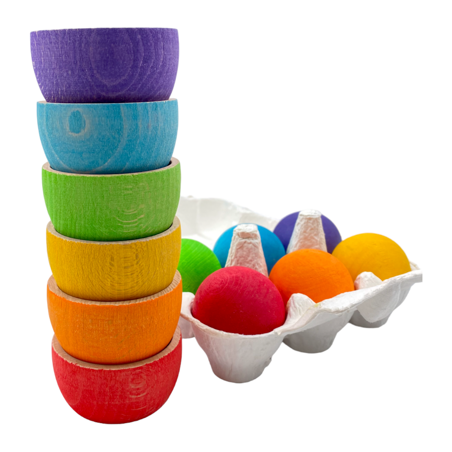 6-Piece Rainbow Wooden Bowls & Balls Set – Matching, Sorting & Open-Ended Play