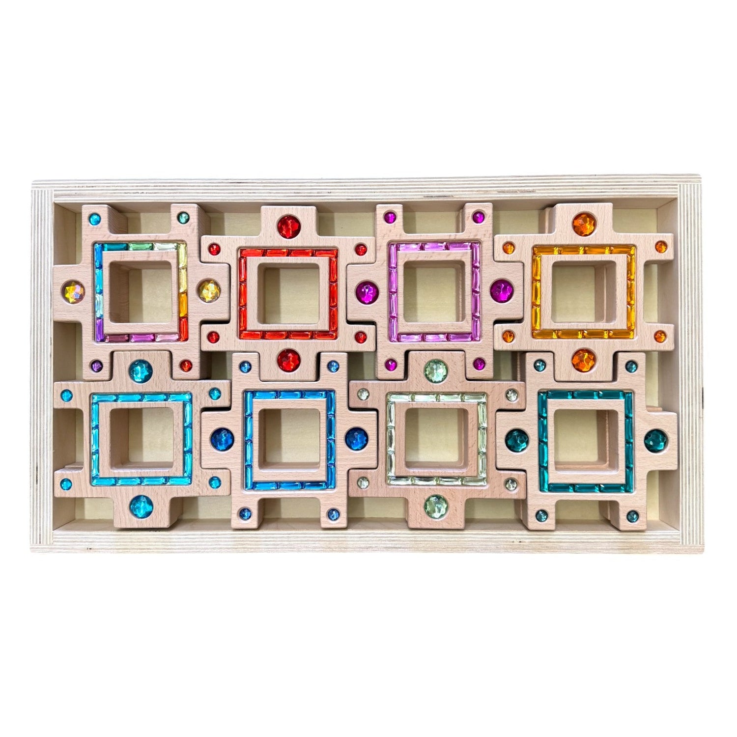 Wooden Gemlight Window Blocks – 16-Piece Colorful Open-Ended Play Set with Storage Box