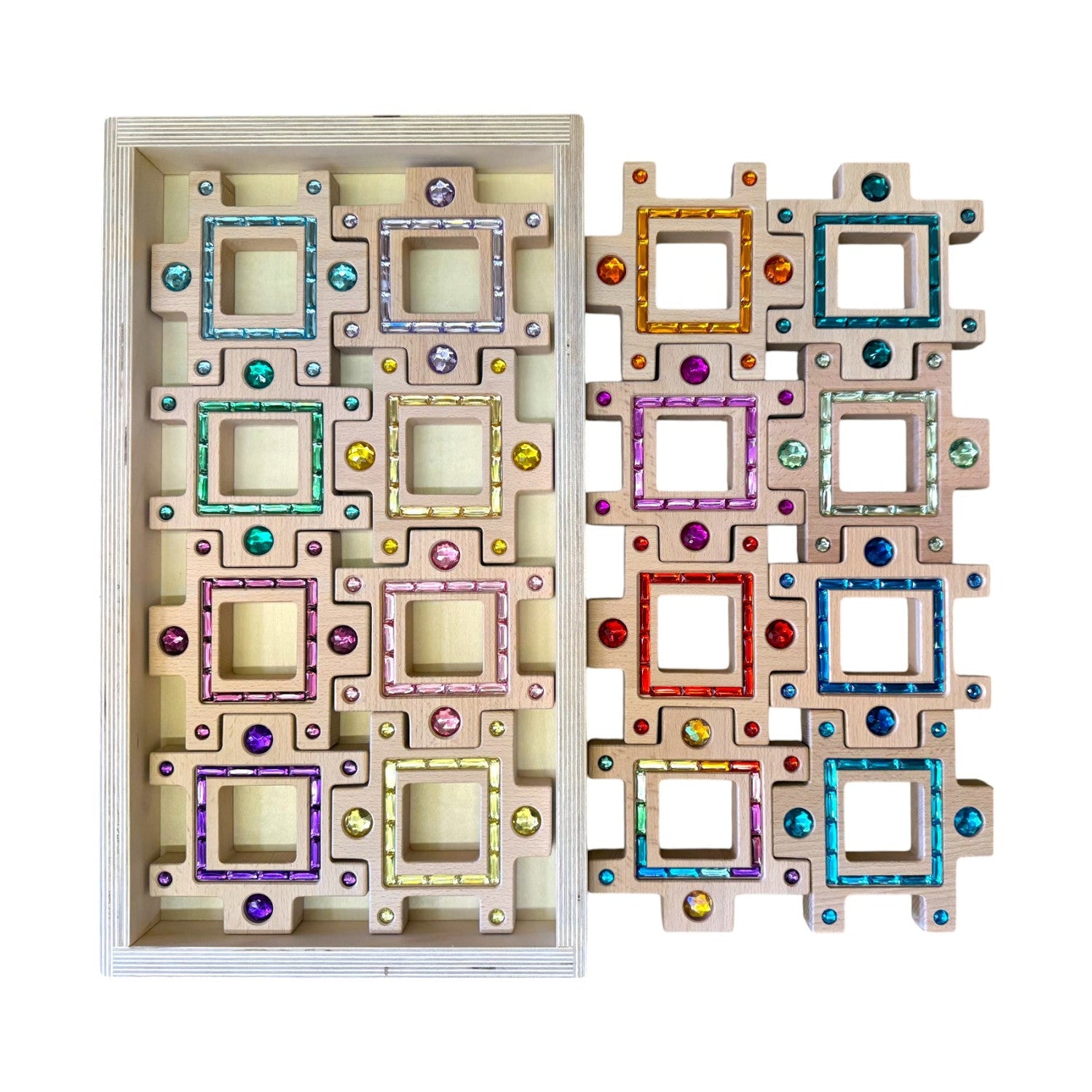 Wooden Gemlight Window Blocks – 16-Piece Colorful Open-Ended Play Set with Storage Box