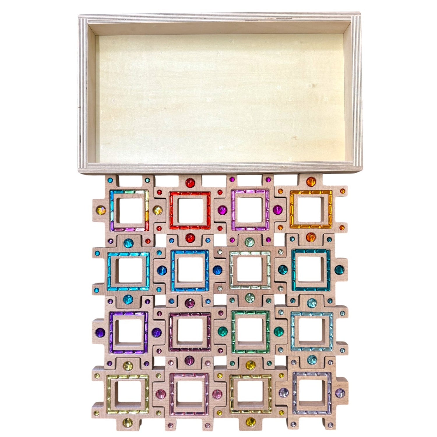 Wooden Gemlight Window Blocks – 16-Piece Colorful Open-Ended Play Set with Storage Box