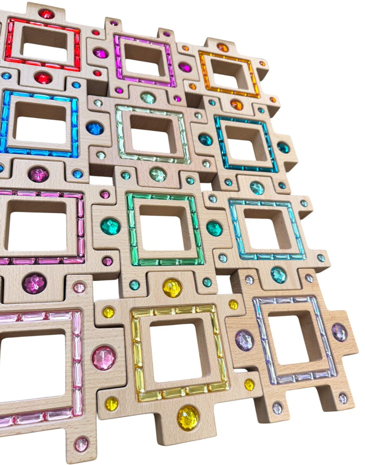Wooden Gemlight Window Blocks – 16-Piece Colorful Open-Ended Play Set with Storage Box
