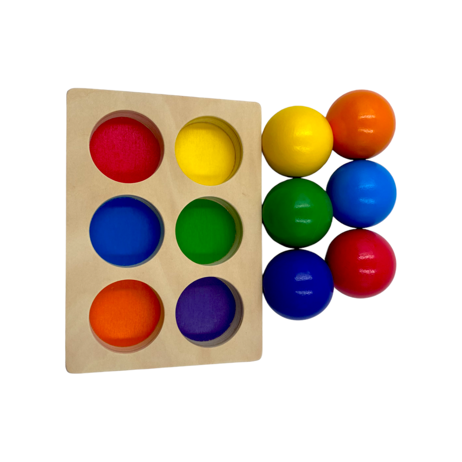 6-Piece Rainbow Wooden Balls with Sorting Tray – Primary Colors | 1.8