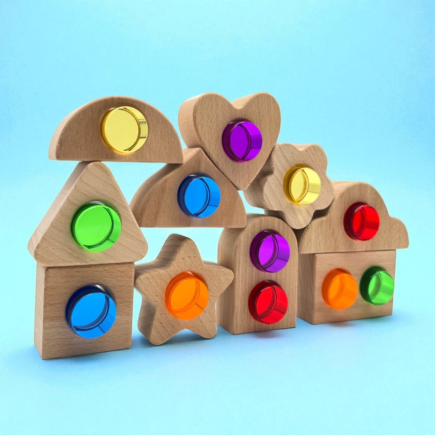 Wooden Shapes with Removable Crystal Windows – 10 Blocks + 12 Rainbow Acrylic Inserts