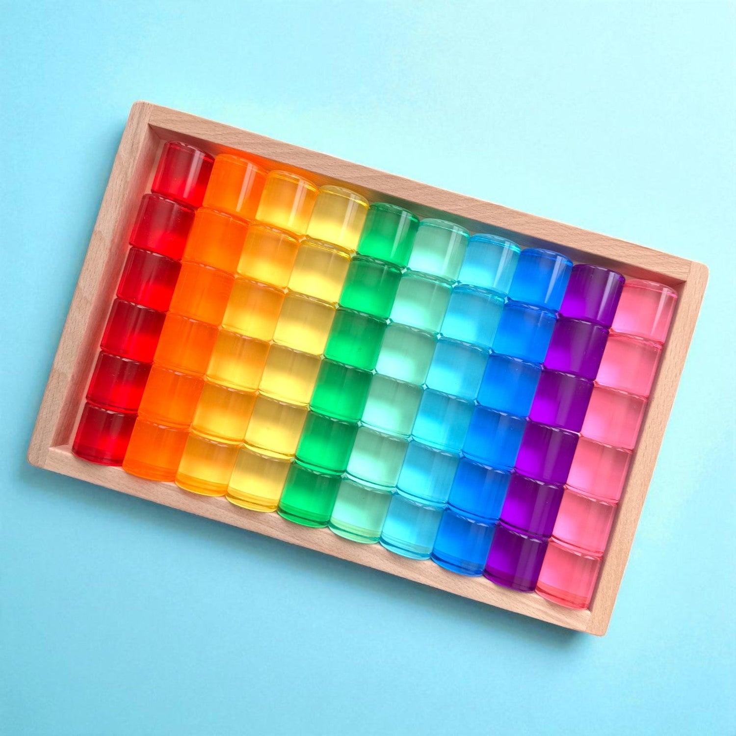 60 Pcs Crystal-Clear Acrylic Rainbow Cylinders with Wooden Tray
