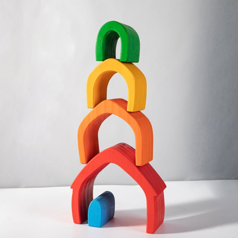 5 Pcs STAINED Rainbow Wooden Stacking House