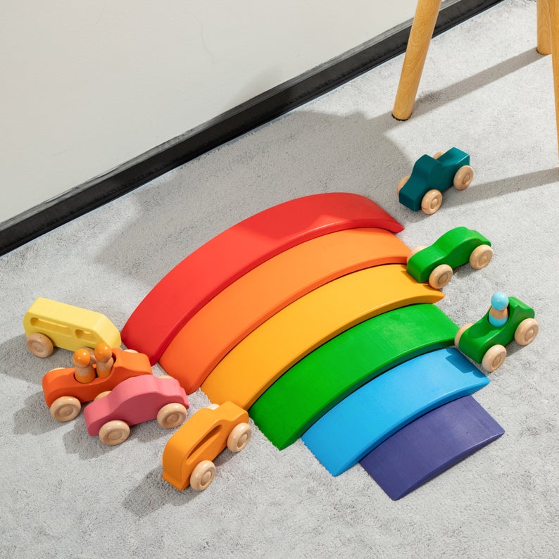 7 Pcs Colored Wooden Rainbow Cars Set with 3 Peg Dolls