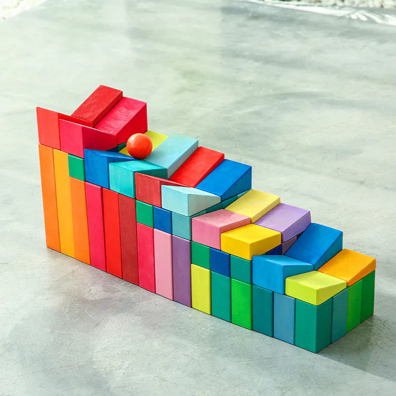 30 Pcs Stained Wooden Sloping Blocks – Primary Rainbow Colors with Storage Tray