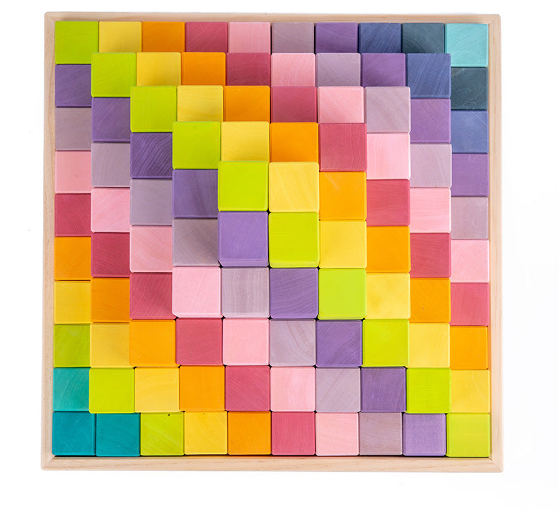 100 Pcs STAINED Large Stepped Pyramid Wooden Stacking Building Blocks in Pastel/Macaron Colors