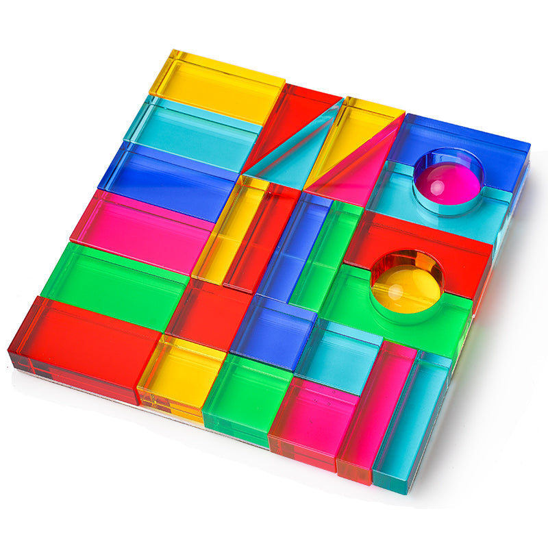 28 Pcs Rainbow Translucent Acrylic Sensory Building Blocks with Storage Tray