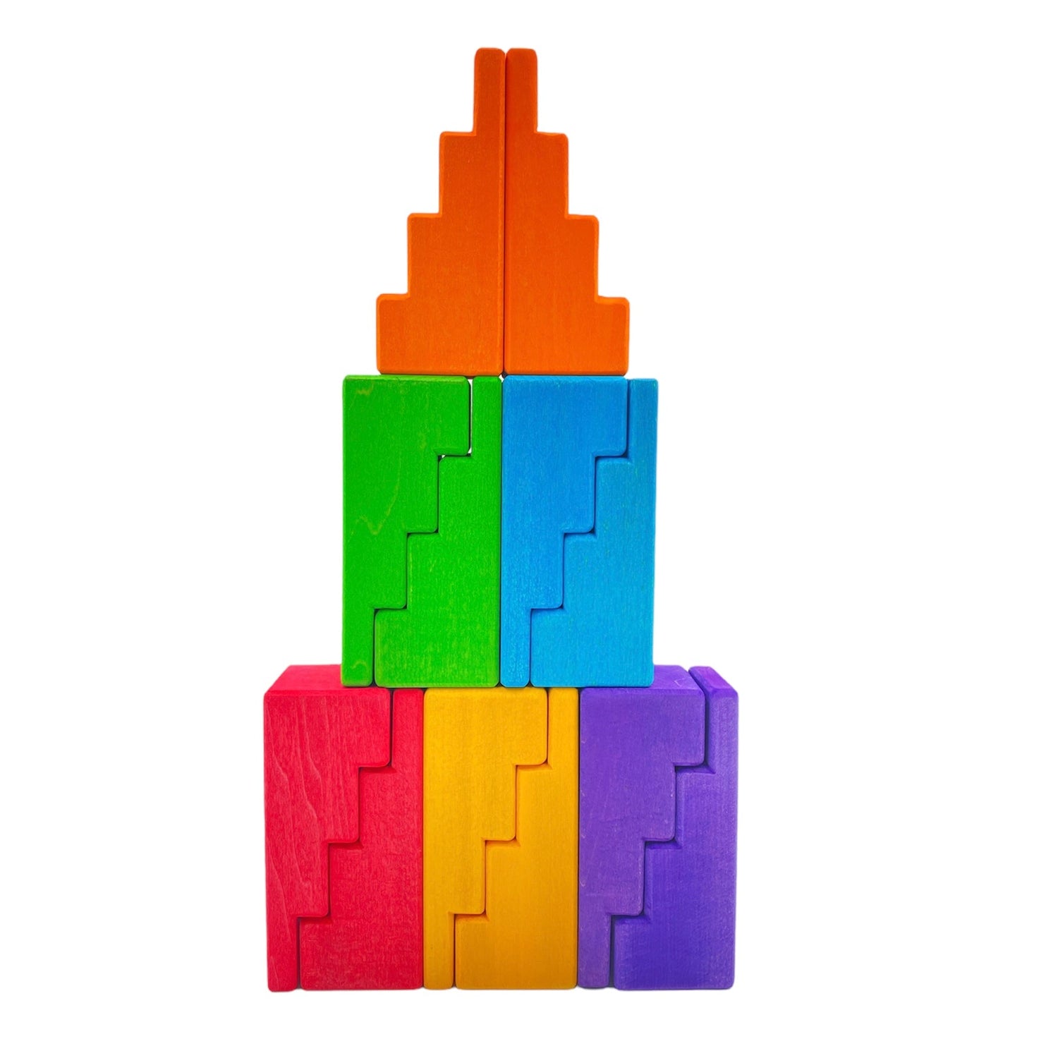 12-Piece Stained Stepped Roof Building Block Set — Primary Rainbow Colors