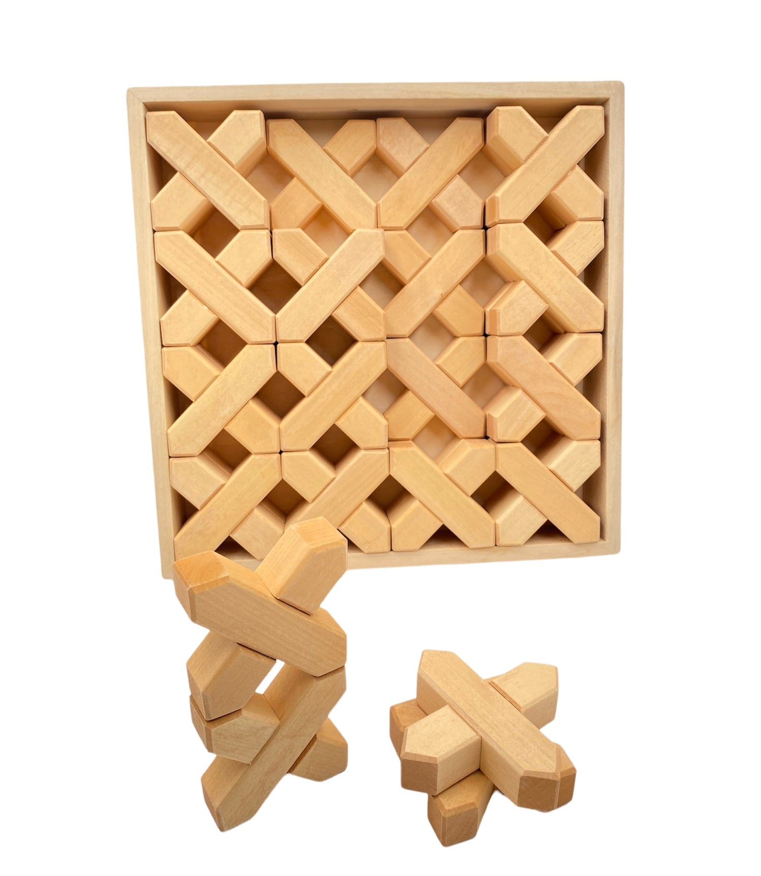 32-Piece Wooden X-Shape Building Blocks Set with Storage Tray