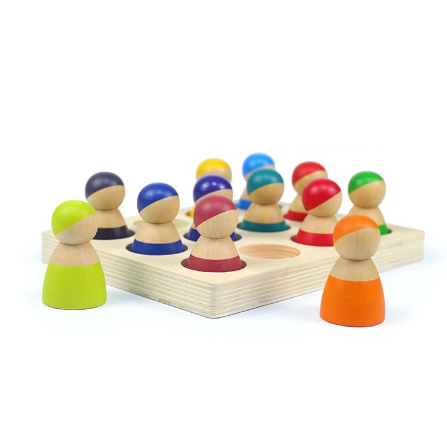 12-Piece Rainbow Peg Doll People with Sorting Tray – Primary Colors