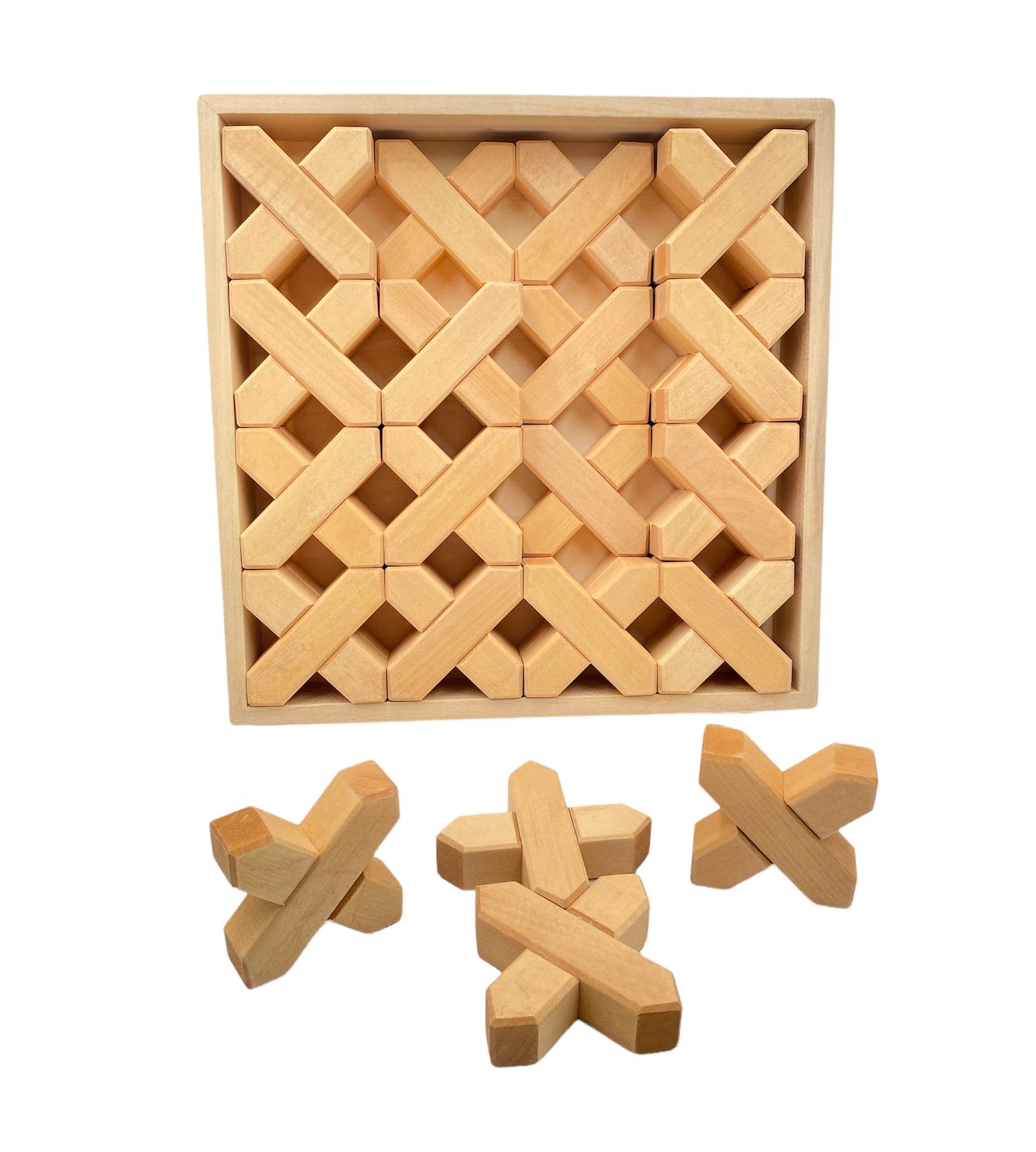 32-Piece Wooden X-Shape Building Blocks Set with Storage Tray