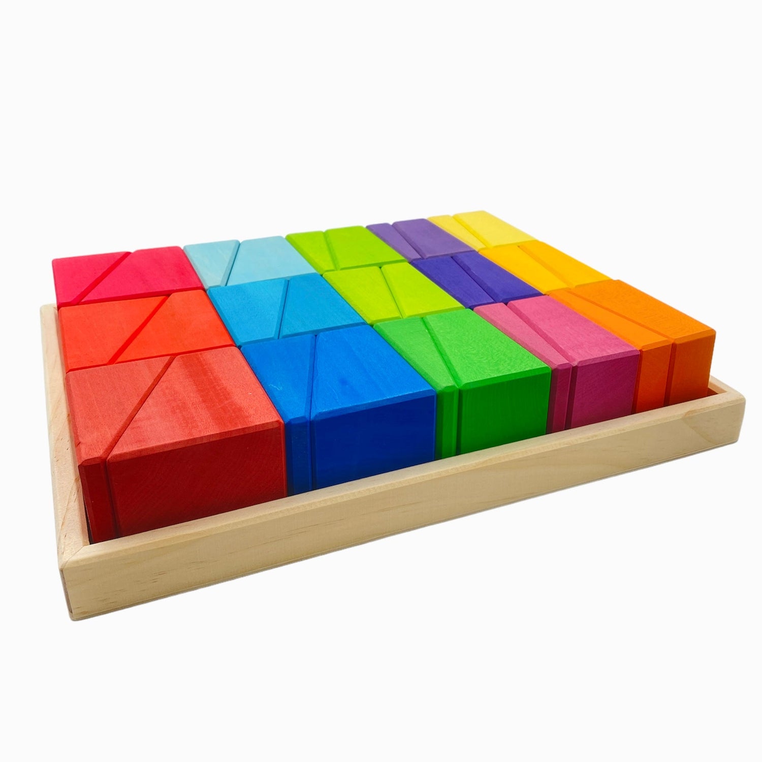 30 Pcs Stained Wooden Sloping Blocks – Primary Rainbow Colors with Storage Tray