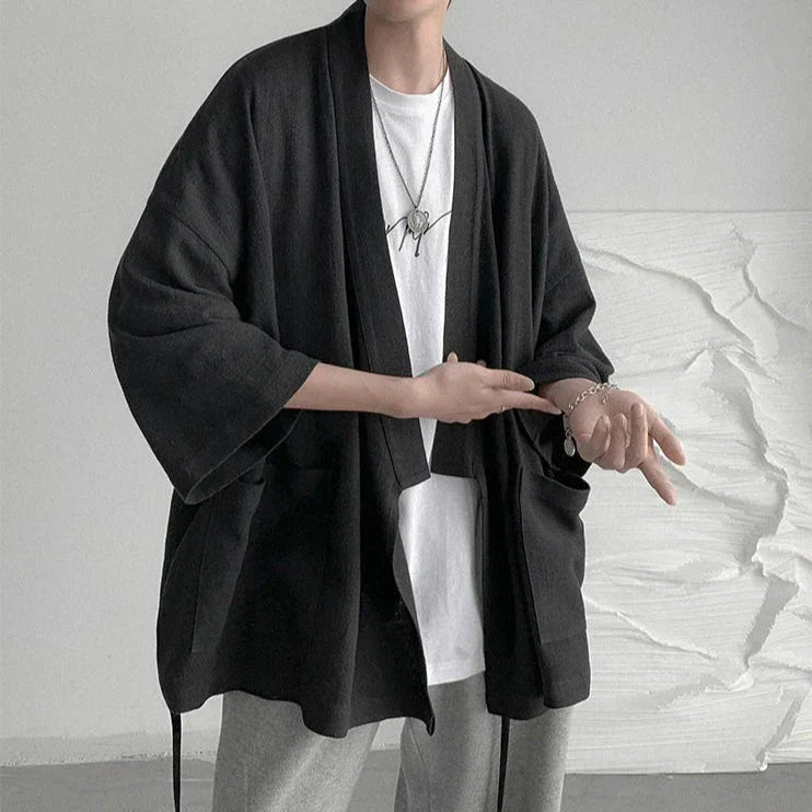 Japanese-themed Black Midnight Purple Minimalist Men’s Kimono Jacket