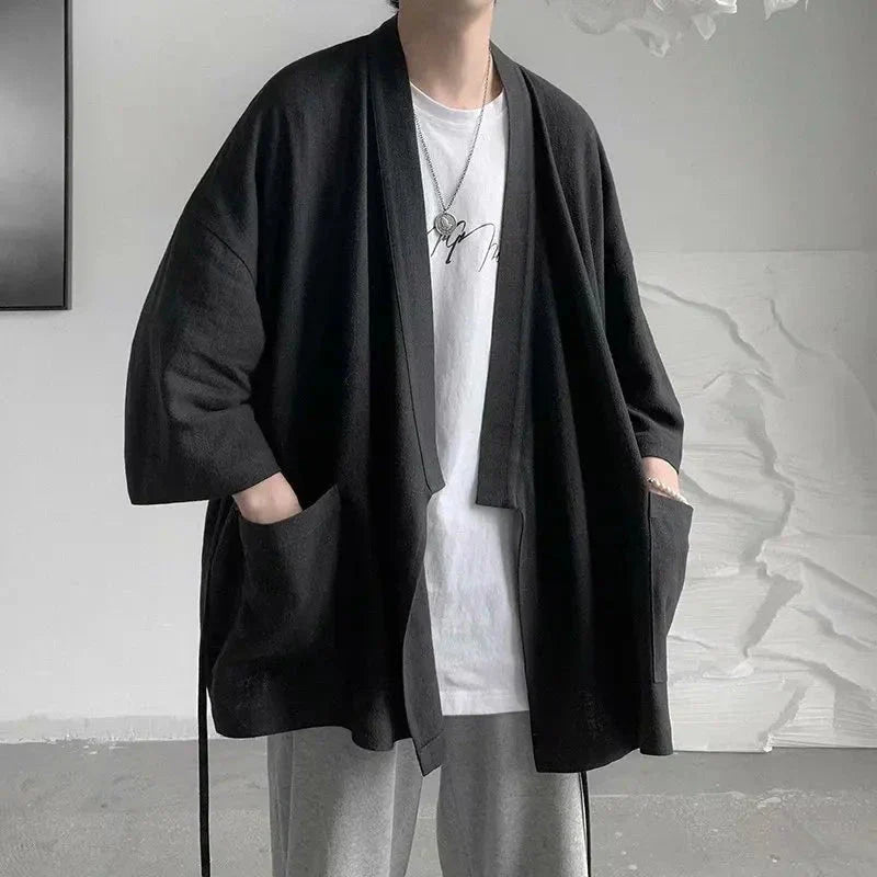 Japanese-themed Black Midnight Purple Minimalist Men’s Kimono Jacket