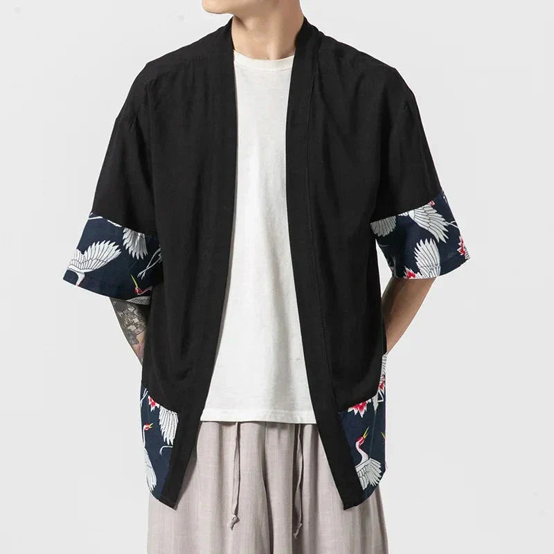 Japanese-themed Minimalist Crane Men’s Kimono Jacket