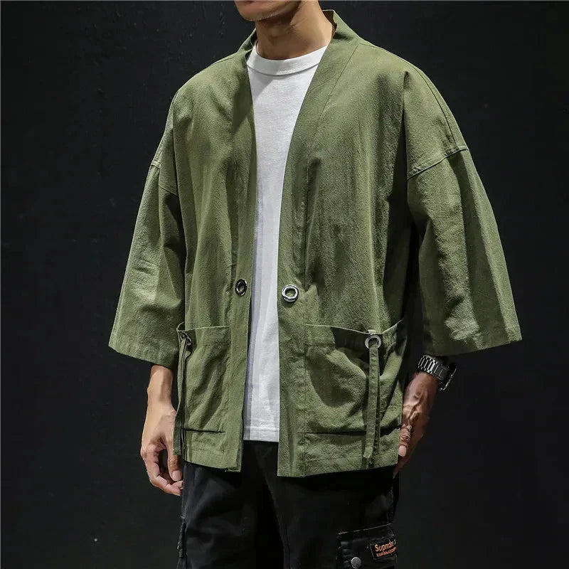 Japanese-themed Moss Green Charcoal Grey Men’s Kimono Jacket